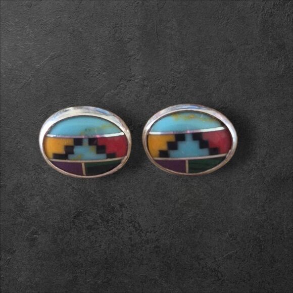Vintage Native American Sterling Silver Multi Stone Inlay Stud Earrings Mosaic - Picture 1 of 3